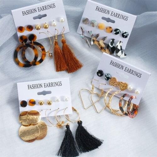 6 Pairs/Set Tassel Drop Dangle Earrings for Women Female Trendy Amber Leopard Print Geometric Metal Earings Party Jewelry Gifts