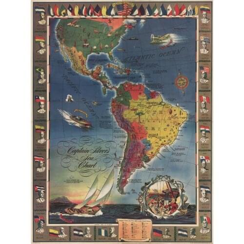 Vintage 1943 Captain Silver’s Sea Chart Art Film Print Silk Poster Home Wall Decor 24x36inch