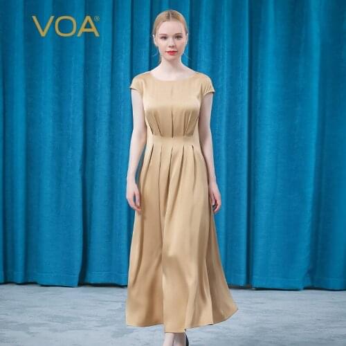 VOA Fashion O-Neck Garment Sleeves Silk Party Dress Summer 2021 AE839 Office Lady Luxury High Quality Maxi Dresses for Women