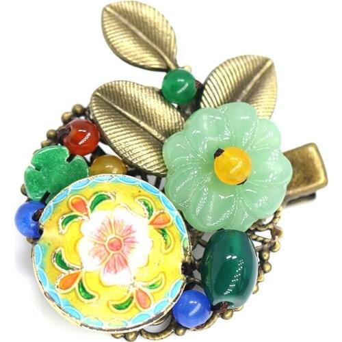 Ethnic Vintage Cloisonne Hair Clip Bronze Metal Leaf Hair Clip Barrettes Ethnic Multicolor Bead Headpiece Female Jewelry