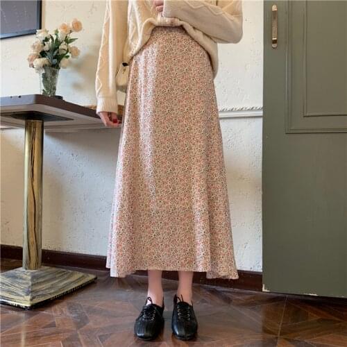 Womens Long Skirt Early Spring New Korean Style Small Fresh Floral High Waist Slim Mid-length A-line Skirt Women