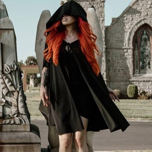 Women Cosplay Cloak Girls Solid Color Hooded Tied Sleeveless Slit Mantle Cape For Halloween Party Role-Play Black Soft Fabric