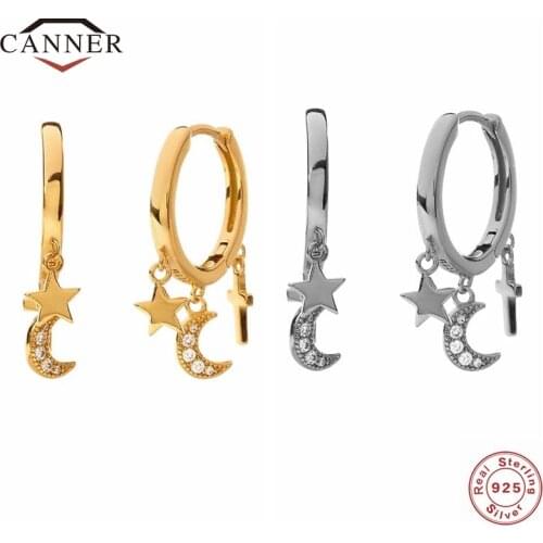 CANNER 925 Sterling Silver Exquisite Star Moon Pendant Drop Earrings for Women Huggie Piercing Earrings Jewelry Pendientes