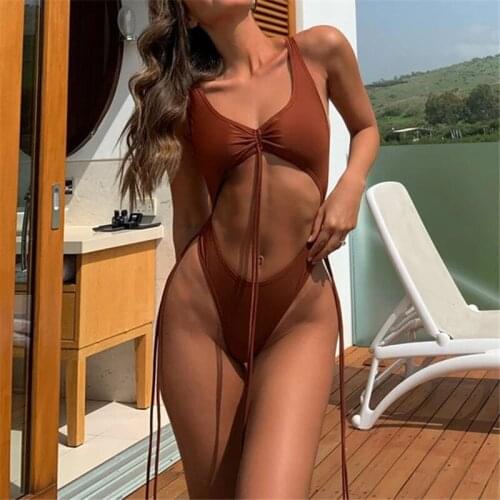 Women Sexy Sleeveless Swimwear Classic V-Neck Bare Midriff Bodysuit Swimsuits For Women Solid Backless One Piece Bathing Suits