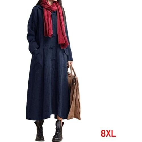Large size womens dress cotton and linen plus size 5XL 6XL 7XL8XL autumn long sleeve loose large pocket blue hooded dress