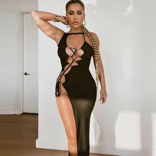 Women Sleeveless Maxi Dress Sexy Black Hollow Out One Piece Lace Up Tight Fitting Dresses 2021 Summer Nightclub Party Clothing