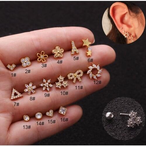 1pc Stainless Steel Screw Ear Cz Flower Zircon Cartilage Stud Earrings for Women Ear Bone Nail Puncture Helix Piercing Jewelry
