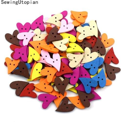 50PCS Random Mixed Decorative Heart Buttons Lovely Double Holes Mix Sewing Wooden Buttons DIY Flatblck Scrapbooking