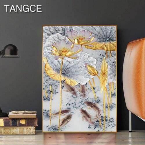 Abstract Golden Lotus Fishes Canvas Painting Modern Poster New Chinese Style Decor Wall Art Pictures for Living Room Art Cuadros