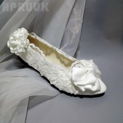 White flower lace flats wedding shoes for bridal ladies flower girl brides lace party club dinner proms ceremony white lace shoe