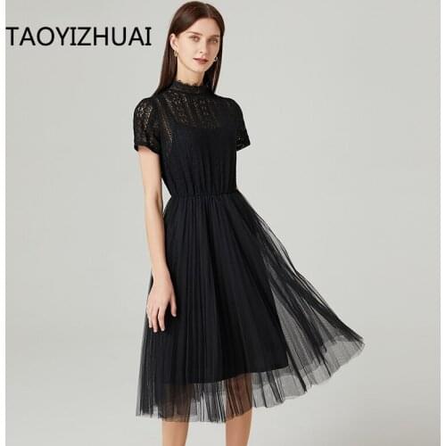 Brand lace mesh stitching ins style dress European and American elastic waist French small black dress plus fat plus size