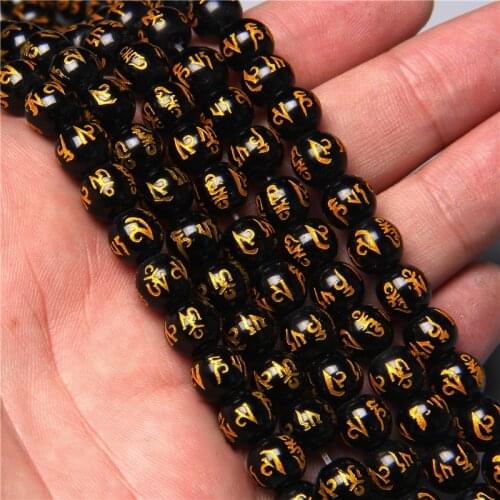 Buddha Loose Glass Beads Charms Black Color With Carving Gold Printing Chinese Tibetan Word for Bracelet DIY Jewelry Making Gift