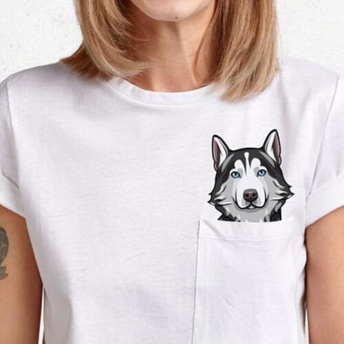 CLOOCL Animals Black Cotton T-Shirt Husky Middle Finger Funny Gift Ideas Pocket Printed T-shirt Fashion Hip Hop Cotton Tees Tops