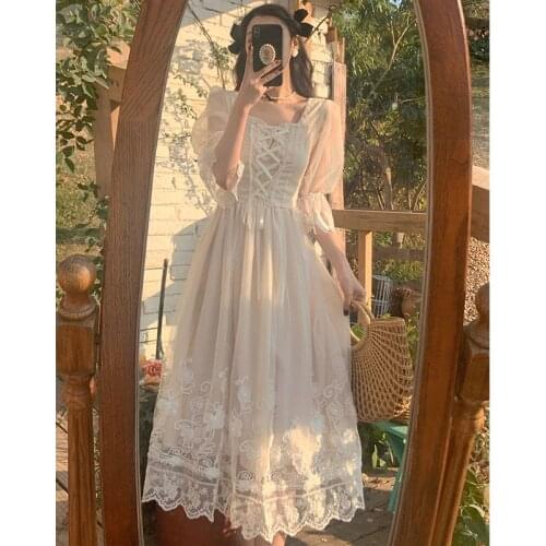 French Style Fairy Dress Sweet Square Collar Women Elegant Summer White Bubble Sleeve Fairy Clothes Princess Beautiful Party