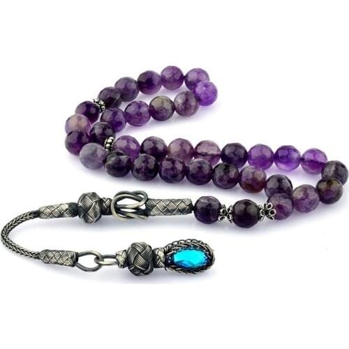 Silver Faceted Purple Amethyst Gemstone Prayer Rosary Men Sphere Cut Rosary With Silver Tassel Turkish Tasbih Drop Style Tassel