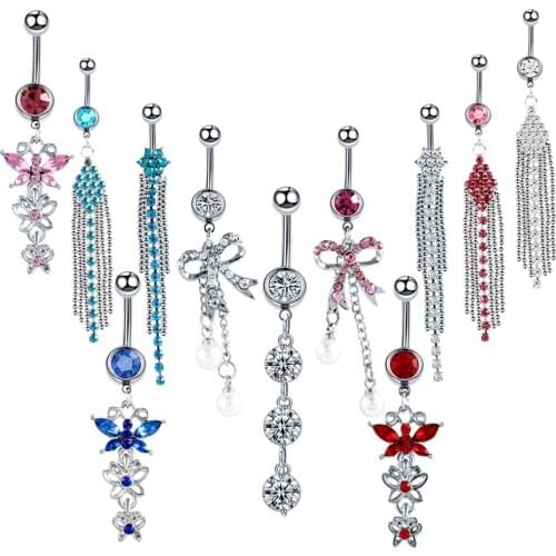 1PC Sexy Dangle Belly Bars Belly Button Rings Fashion Surgical Steel Rhinestone Body Jewelry Navel Piercing Rings