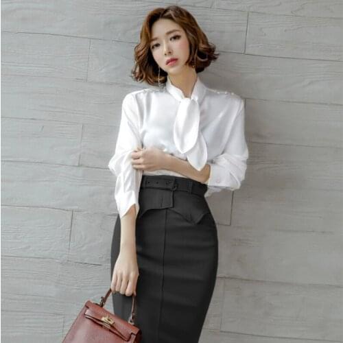 2 Pieces Set White Shirt Blouses Tops Dresses Bandage Bodycon Black Pencil Midi Skirt Sexy Party Office Lady Women Dress Clothes