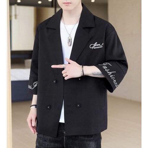 Mens mid-sleeved small suit jacket Hong Kong style handsome loose seven-point sleeve windbreaker youth double-breasted all-matc