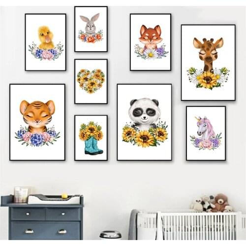 Woodland Animal Canvas Poster Fox Rabbit Panda Giraffe Print Painting Nursery Wall Art Sunflower Wall Pictures Baby Room Decor