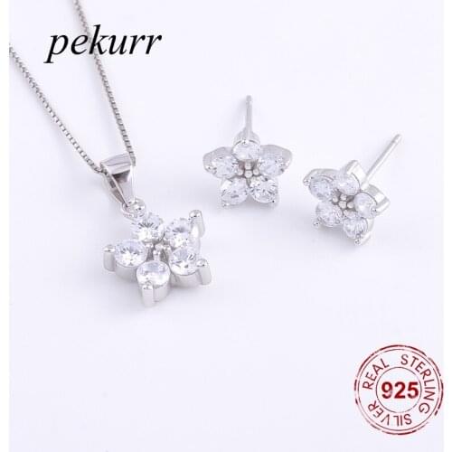 Pekurr 925 Sterling Silver Zircon Star Flower Earrings Necklace Sets For Women Round Bead Clove Pendants Party Jewelry Set