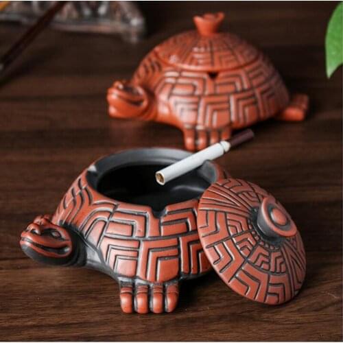 Personalized Retro Living Room Purple Sand Ashtray Practical with Lid Tea Set Decoration Longevity Turtle Ashtray Home Gift