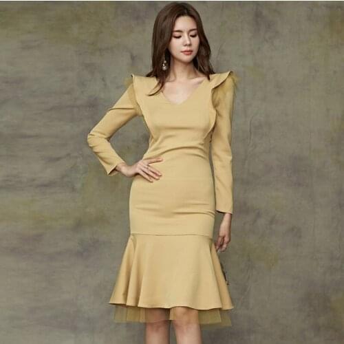 Sheer Fashion Korean Long Sleeve Midi Sheath Yellow Wrap Bodycon Casual Elegant Office Ruffle Dresses for Women 2020 Winter