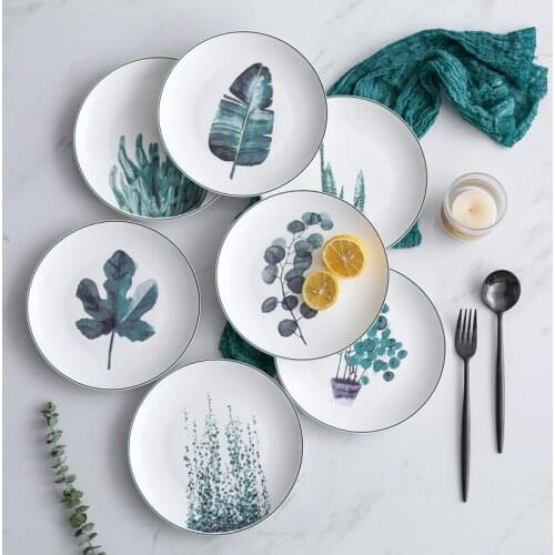 Hand-painted Ceramic Dessert Plate Simple Green Plant Dishes Food Tray Salad Steak Breakfast Flat Plate Western Tableware 1pcs