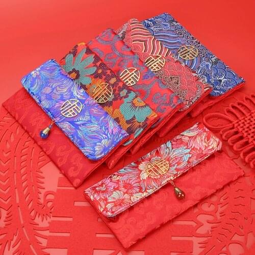 Silk Red Envelopes Chinese 2021 New Year Hongbao Lucky Pockets with Greeting Card for Spring Festival