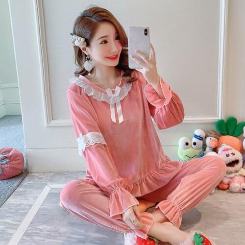 Spring Lace Pajamas Set Women Sleep Set Cute Gold Velvet Sexy Homewear Pijama Women Pajama Sets Long Pant Set Robe Pyjamas