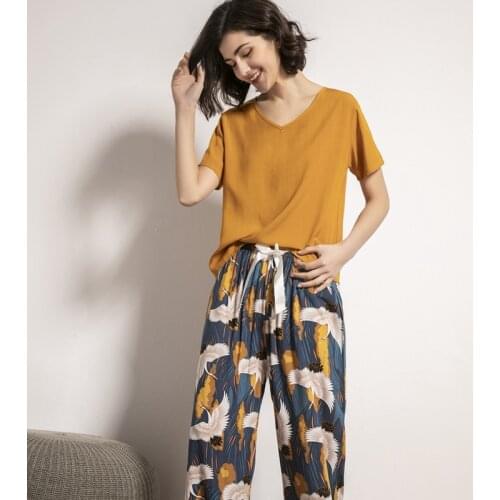 Youhottest Women Rayon Short Sleeves Long Pants Pajamas Good Quality Cool Pijama