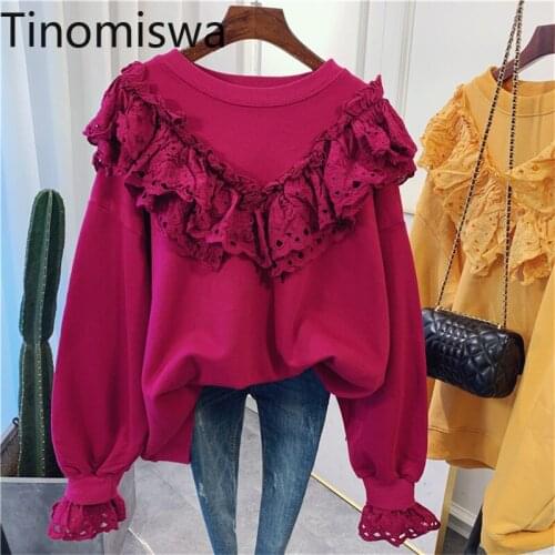 Tinomiswa Korean Style Sweatshirt Women Lace Patchwork 2021 New Arrival Loose Pullover Hoodies O Neck Long Sleeve Casual Tops