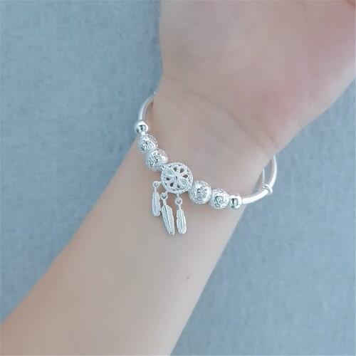 Pure Silver Charm Bangles For Women Bead Feather Tassel Wrist Bracelet & Bangles Pulseira Femme Trendy Jewelry Party Gifts