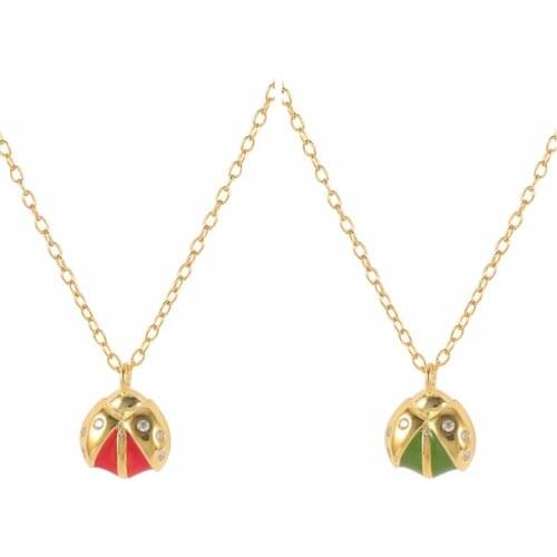 CANNER S925 Sterling Silver Pendant Necklace Red/Green Ladybug Fashion Oil Drop All-match Choker Necklace Collares para mujer