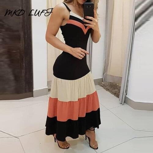 Women Spaghetti Strap Colorblock Maxi Dress