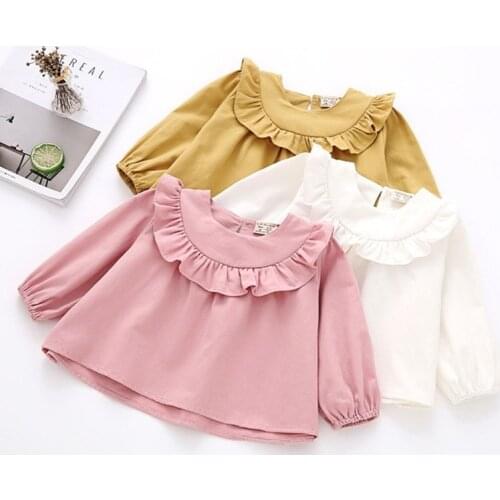 Toddler Girl Shirts 2019 Spring Fashion White Pink Color Baby Girls Blouses Cute Long Sleeve Ruffle Tops Kids Clothes 0-4Y