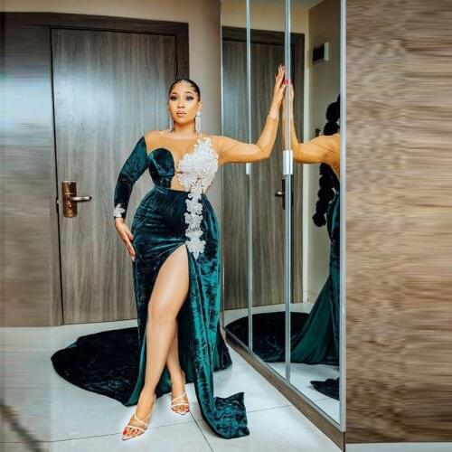 Velvet Elegant Sexy Prom Dress 2021 Sheer Neck Illusion Long Sleeves Sequins Appliques Mermaid Evening Side Split For Party