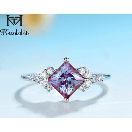 Kuololit Natural Alexandrite Gemstone Ring for Women Solid 925 Sterling Silver Ring Lab grown princess cut stone for Engagement
