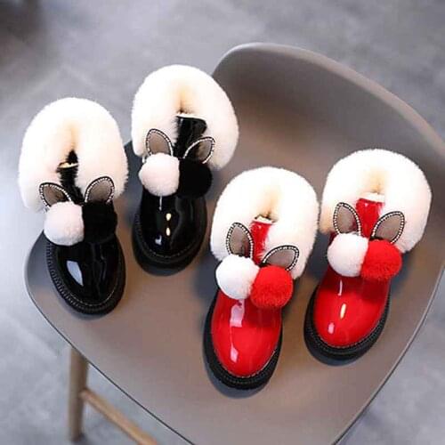 Toddler Baby Cartoon Short Boots Faux Fur Pom Sequins Princess Girls Ankle-length Boots Patent Leather Black Shoes Size 21-36