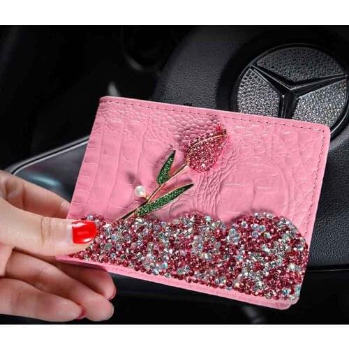 Leather Rose Auto Driver license Case Diamond ID Card Business Card Holder Bag Car Drivers License Wallet Cover For Audi Bmw VW