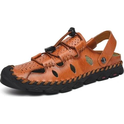 Leather Hand Sewing Driving Beach Sandals Elastic Band Welt Sewing Man Slippers Summer Bigger Size Outdoor Hiking Sandals 38-46