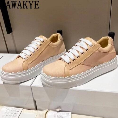 Luxury Brand Casual Sneakers Shoes Woman Round toe Thick Bottom Lace-Up Leather Flat Shoes leisure Runway Single Shoes mujer