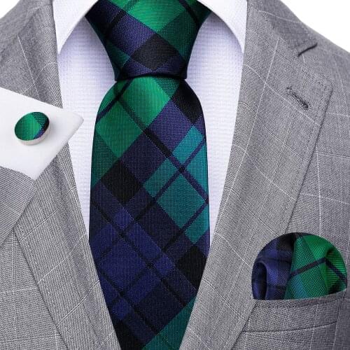 Fashion Green Plaid Men Tie Set Silk Jacquard Necktie Wedding Business Handkerchief Cufflinks Tie Barry.Wang Designer FA-5332