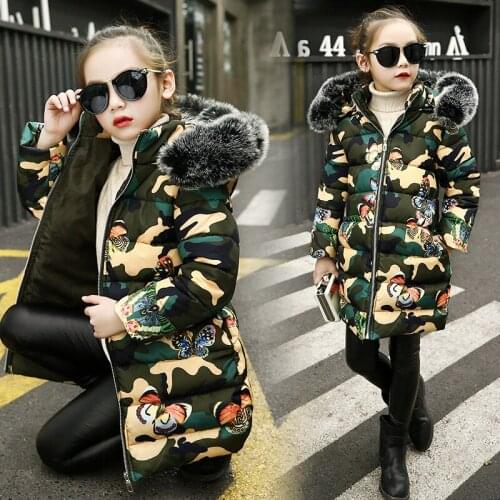 Fashion Girls Winter Coats Camouflage Cotton Padded Fur Hooded Parka Children Thicken Warm Outwear Girls Clothing Kids Jackets