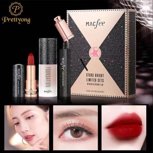MACFEE 3 In 1 Makeup Set Liquid Foundation Mascara Lipstick Makeup