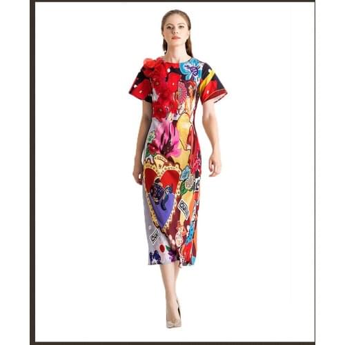 New arrival women elegant 2021 spring summer runways flower applique print party dress D913