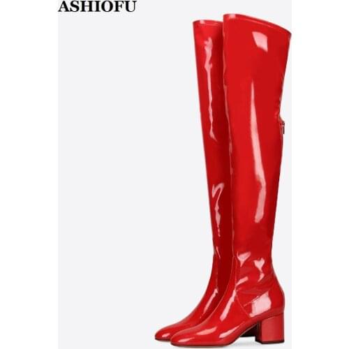 ASHIOFU Handmade New Womens Blocked Heel Boots Patent Leather Night-club Party Boots Sexy Evening Over Knee Boots Fashion Shoes