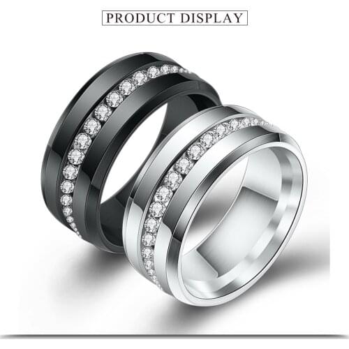 Engagement Jewelry Black and Silver Color Titanium Stainless Steel Rings For Women White CZ Stone Fashion Jewelry Wholesale