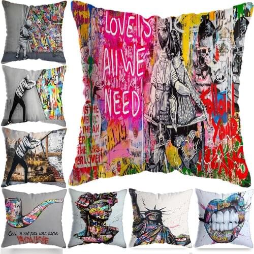 Abstract Art Graffiti Painted Short Plush Cushion Pillows with Filling, Zombie Couples Throw Pillow For Sofa Car Bedroom Decor