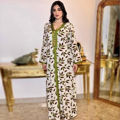 Middle Muslim East Women Long Dress Plus Size V Neck Long Sleeve Leaves Print Maxi Dresses Turkey Arabic Dubai Clothing
