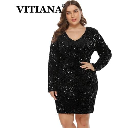 VITIANA Women Plus Size Sexy Party Dress 2020 Female Long Sleeve V-Neck Sequined Blingbling Mini Dresses Femme Club Vestidos